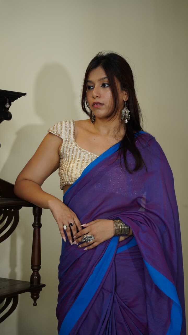 Handloom cotton saree: Khadi than: Purple dual tone 