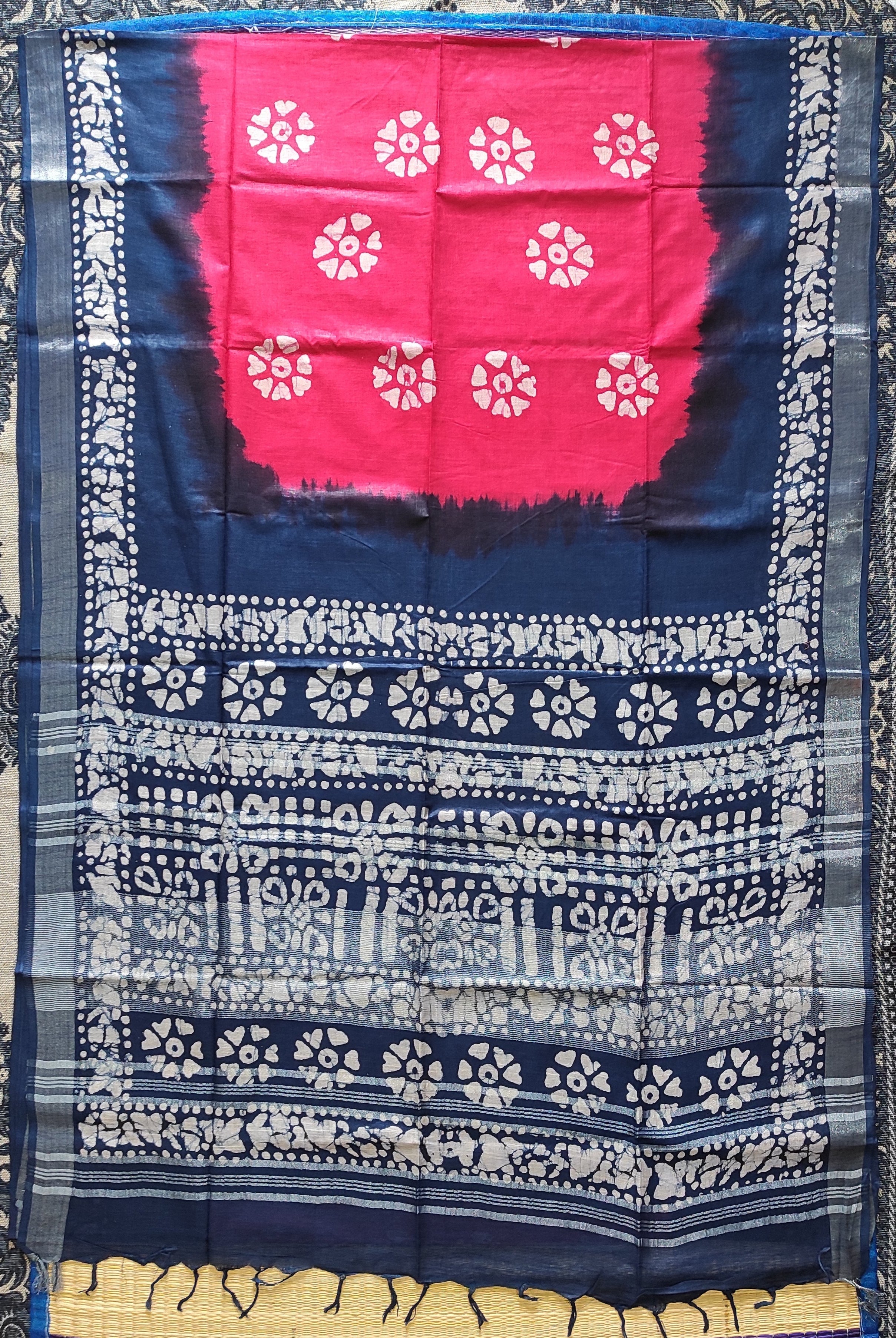 Linen batik: Pinkish-red and blue