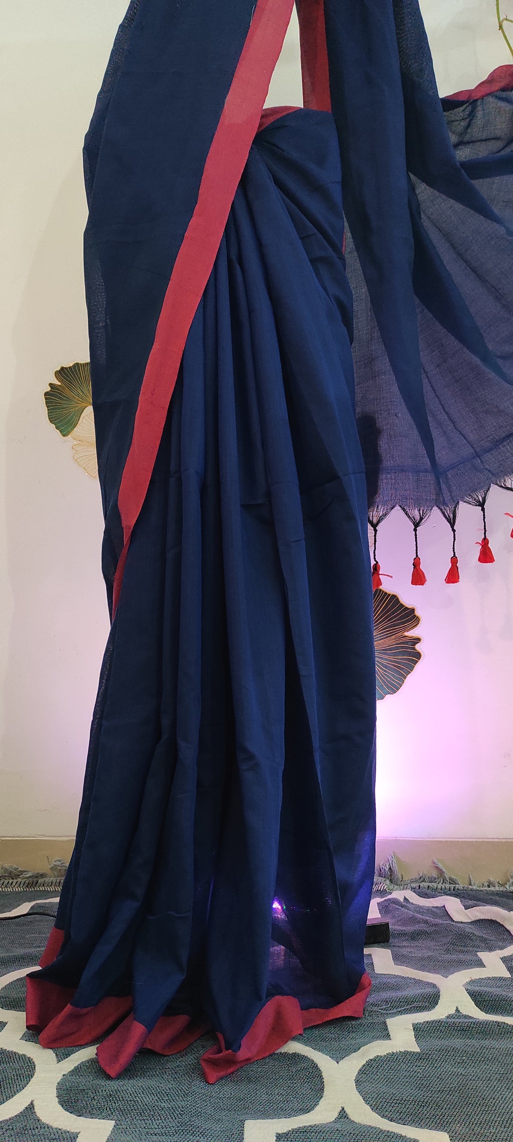 Khadi than saree: Blue and red