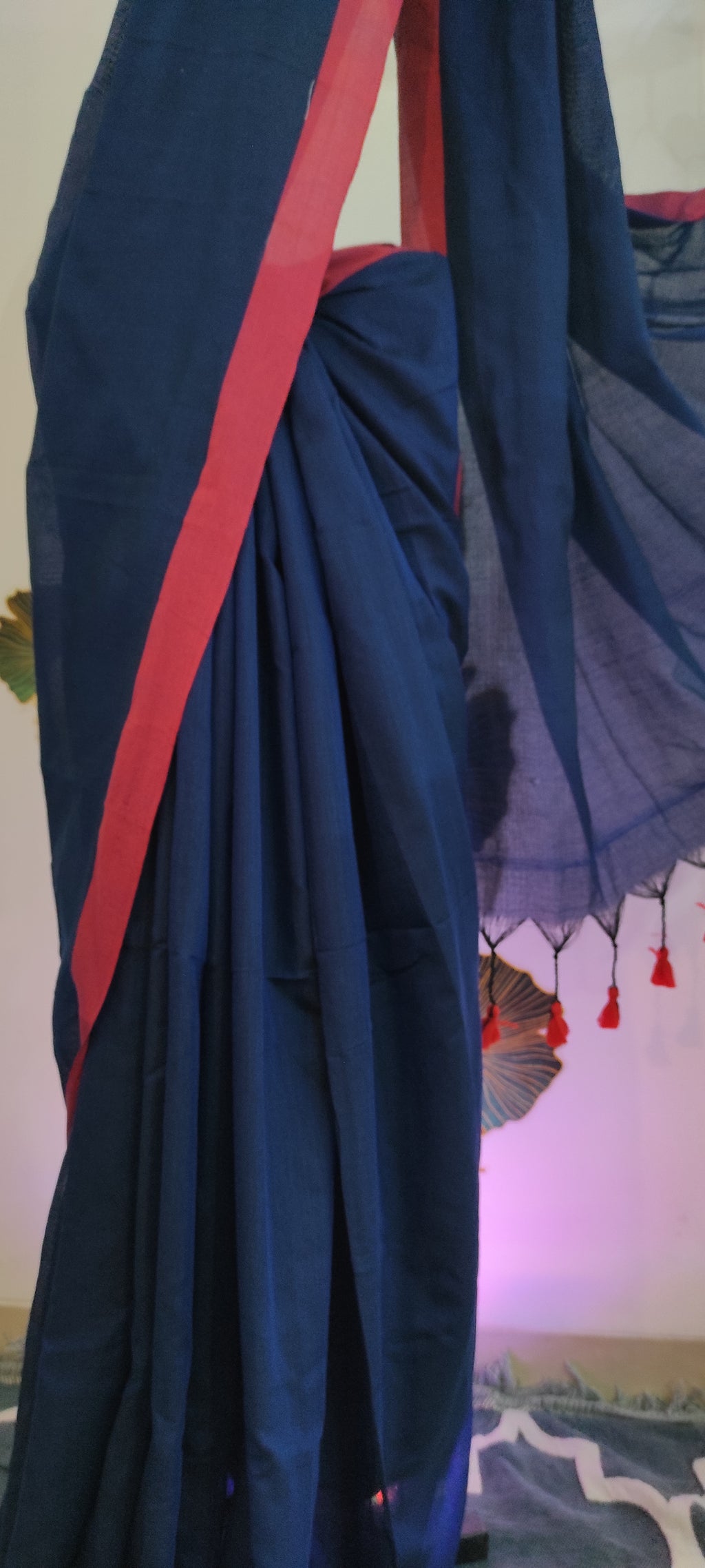 Khadi than saree: Blue and red