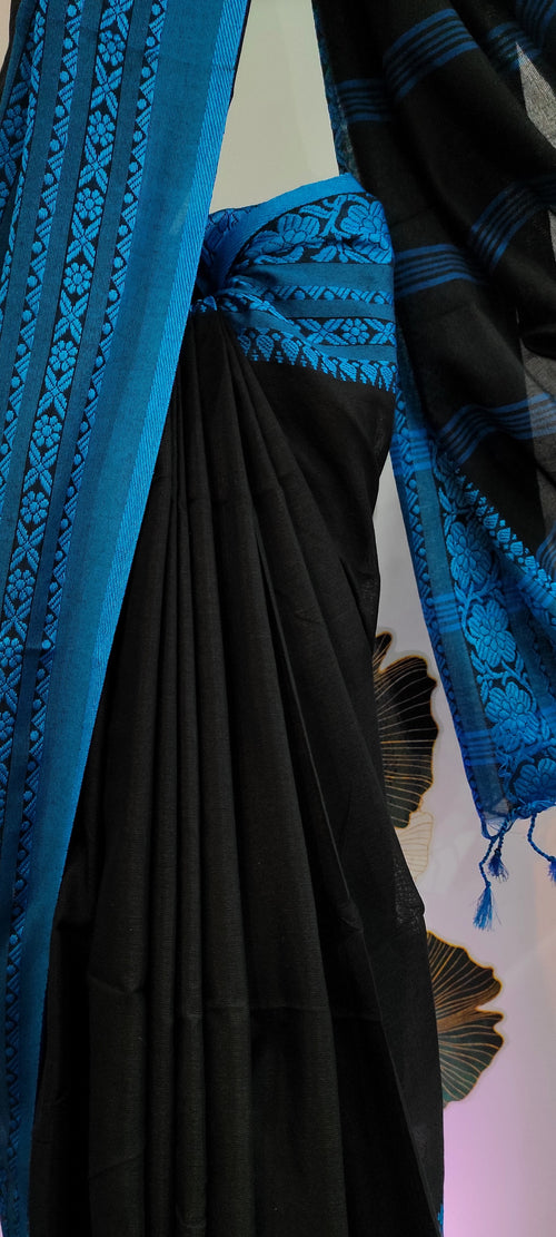 Begampuri Cotton handloom saree: Black and blue