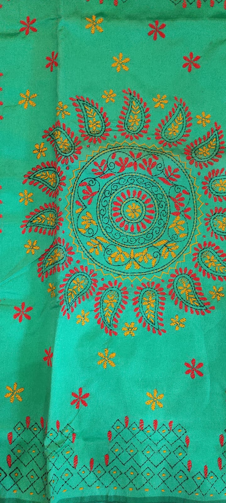 Kantha stitch handloom saree in teal colour 