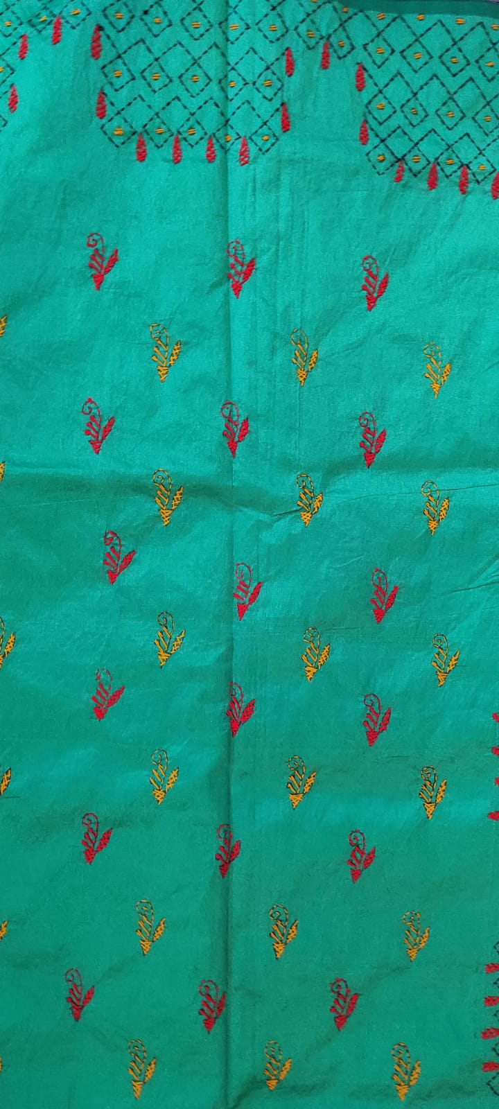 Kantha stitch handloom saree in teal and hand embroidery 