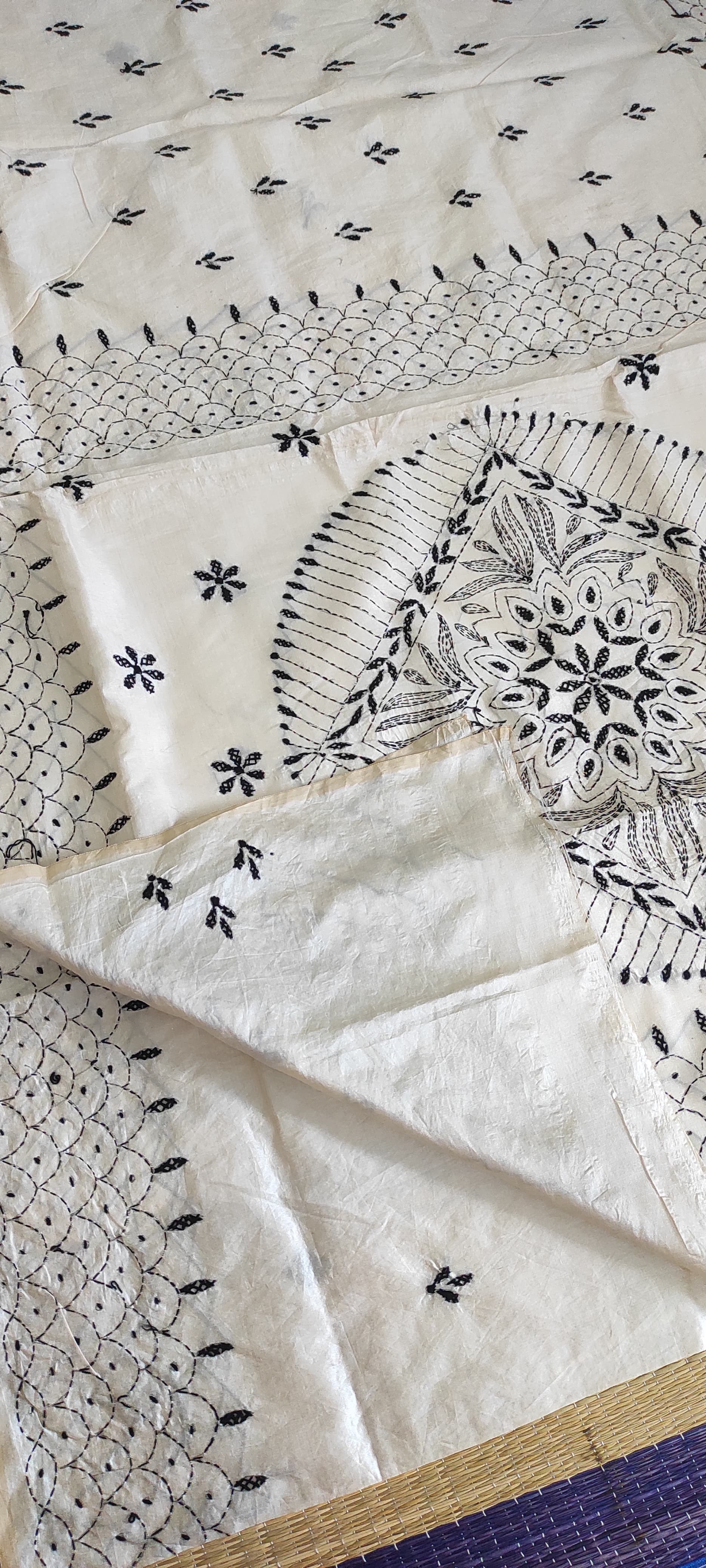Kantha Stitch saree: beige with black embroidery