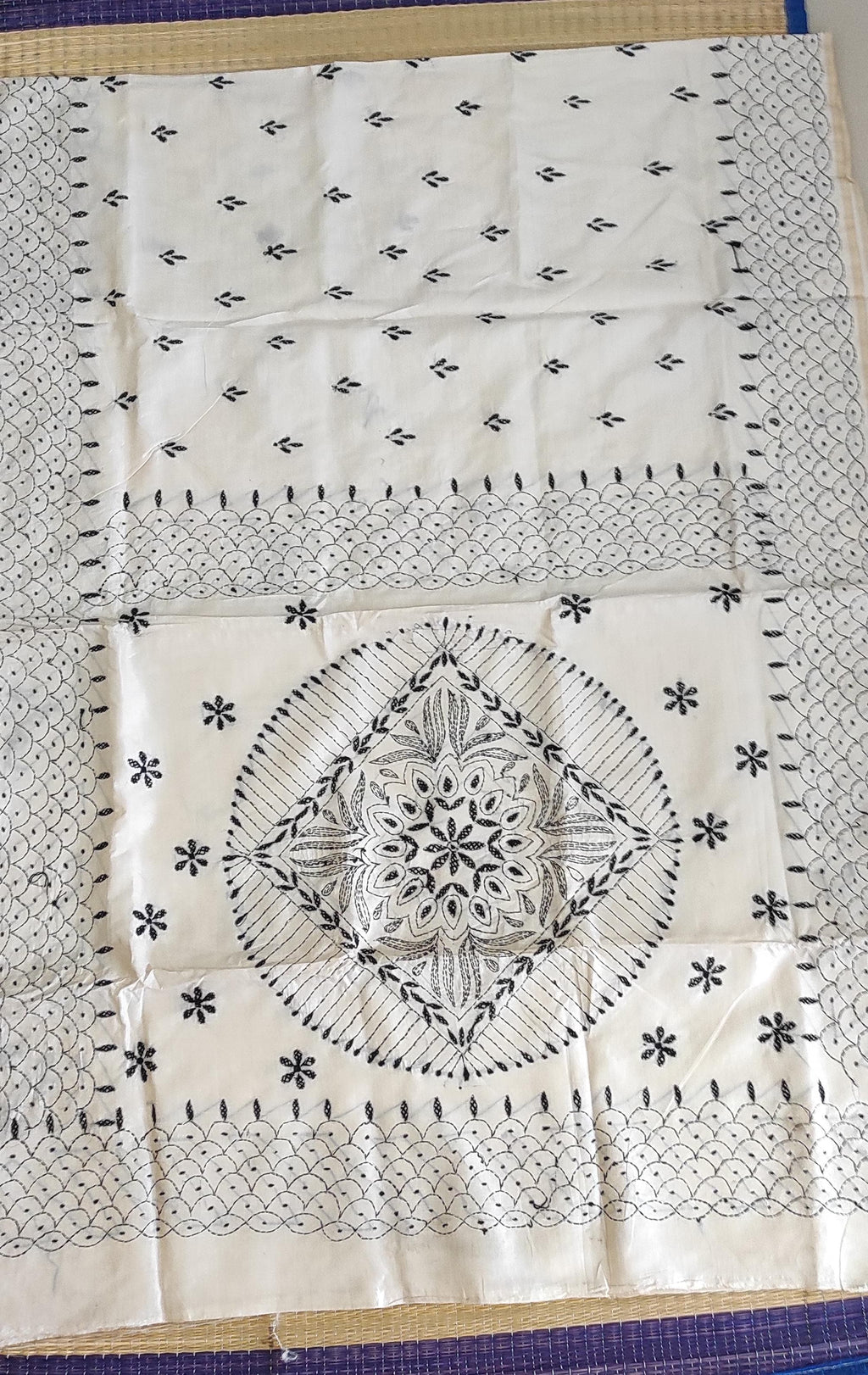 Kantha Stitch saree: beige with black embroidery