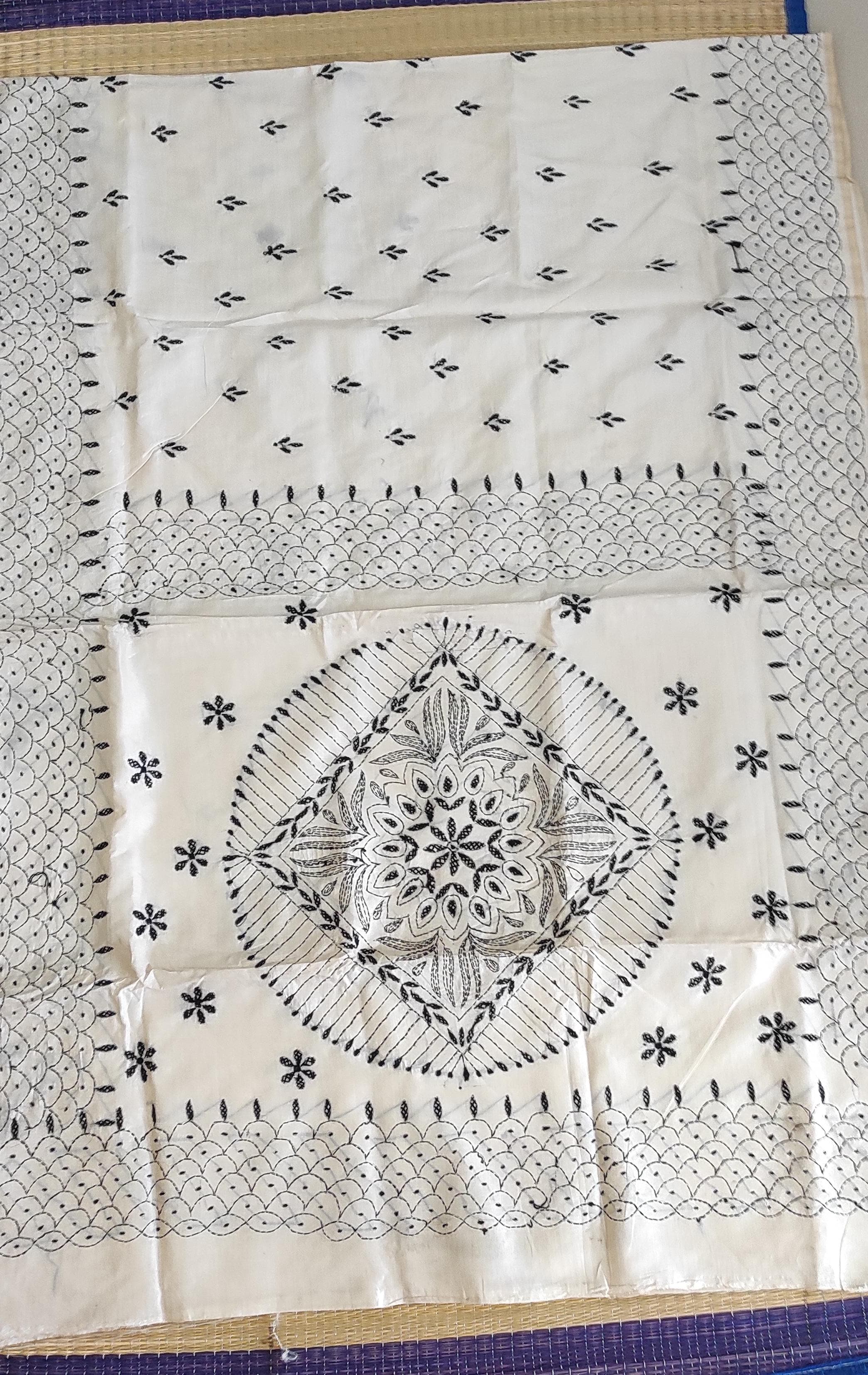Kantha Stitch saree: beige with black embroidery