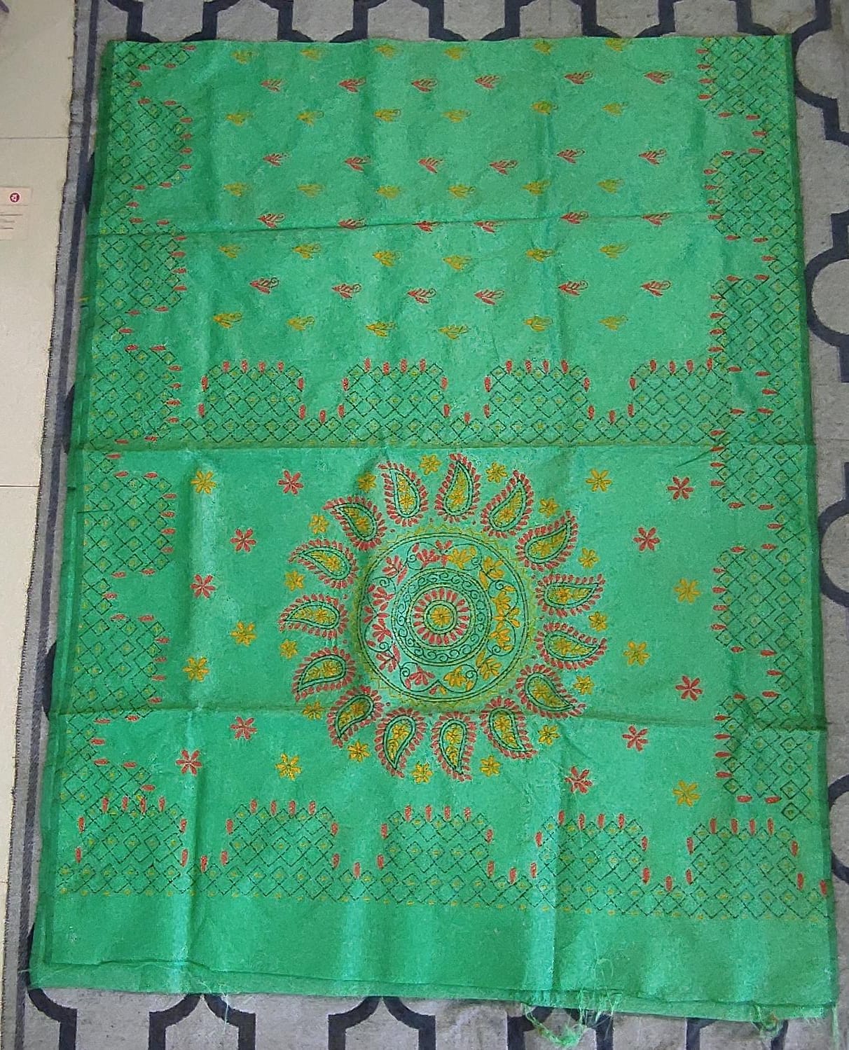 Kanta stitch handloom sarees from West Bengal in mint green colour to be ordered online