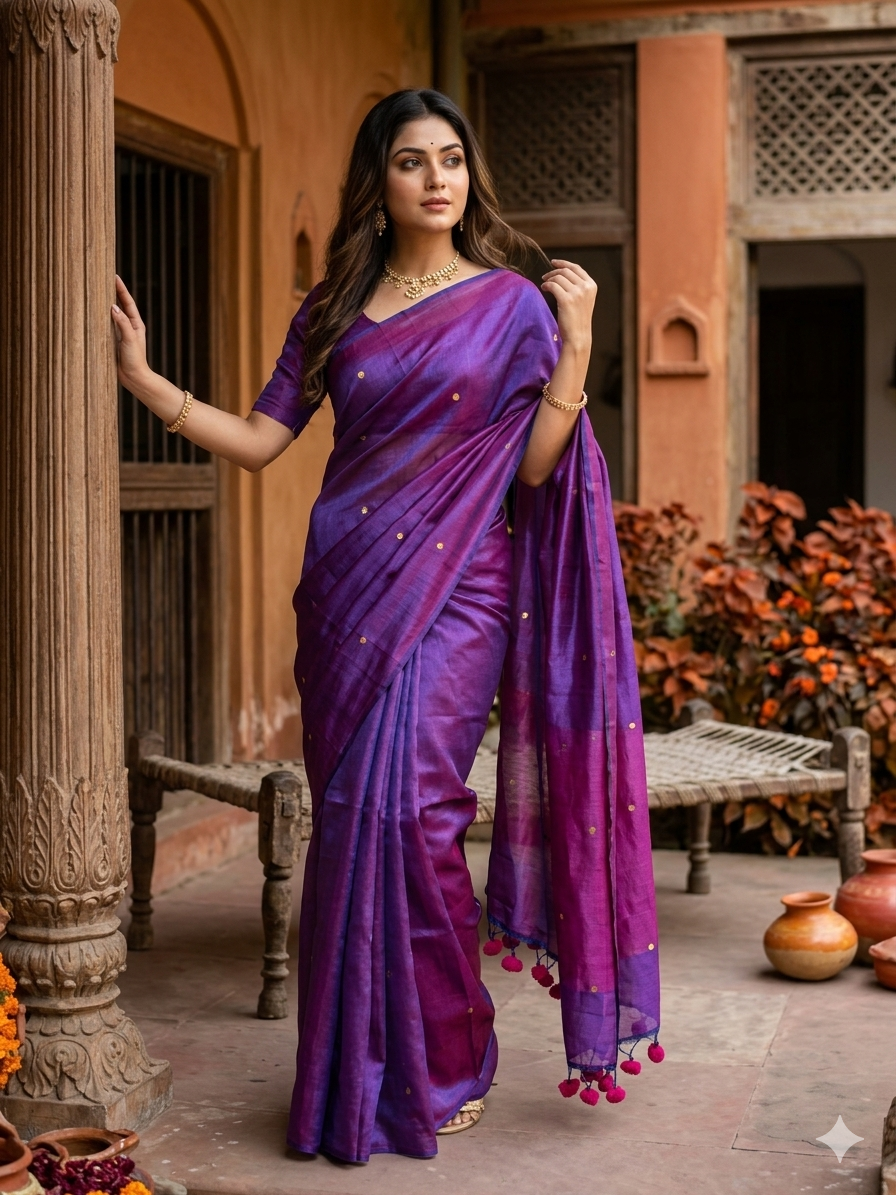 Purple and violet handloom saree with shimmering effect and gold work and pink tassels listed to order saree online.