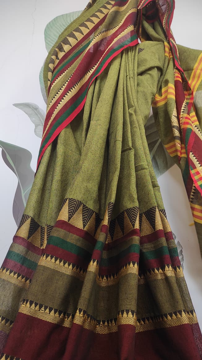 Madhubani cotton: Parrot green with red border