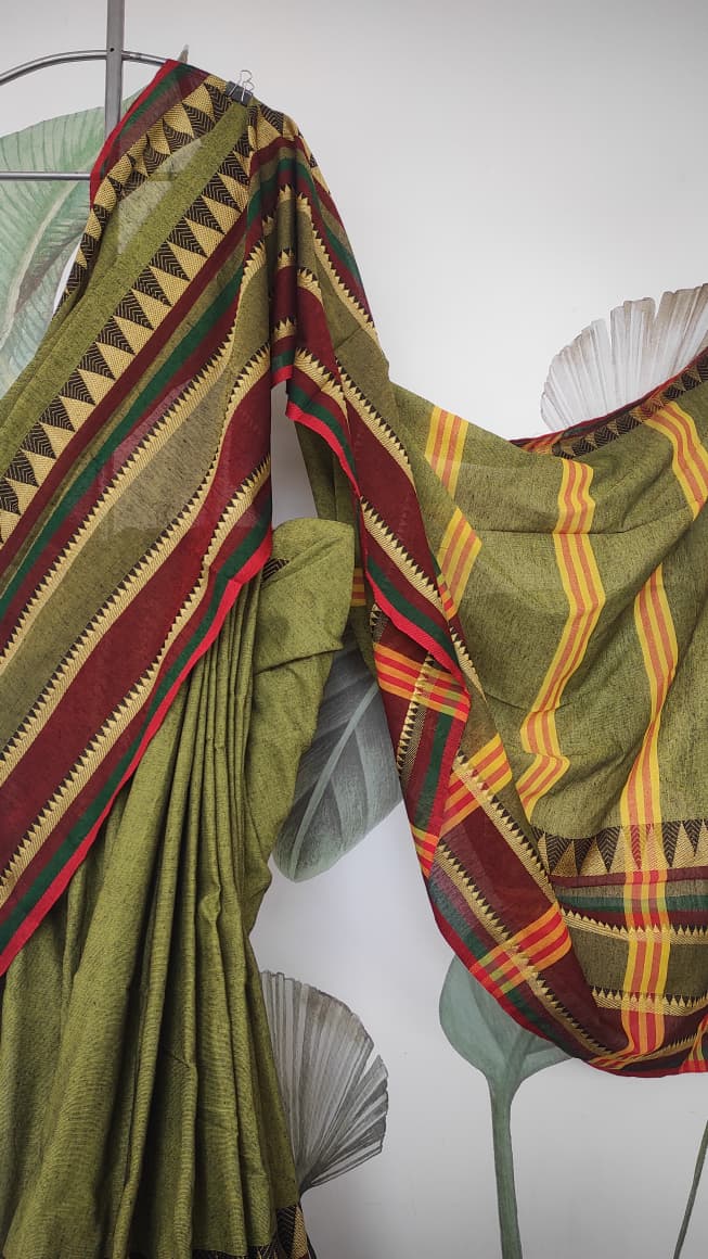 Madhubani cotton: Parrot green with red border