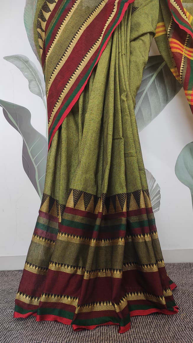 Madhubani cotton: Parrot green with red border