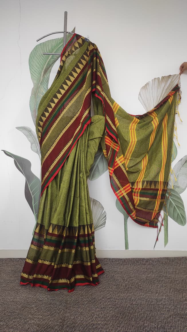 Madhubani cotton: Parrot green with red border