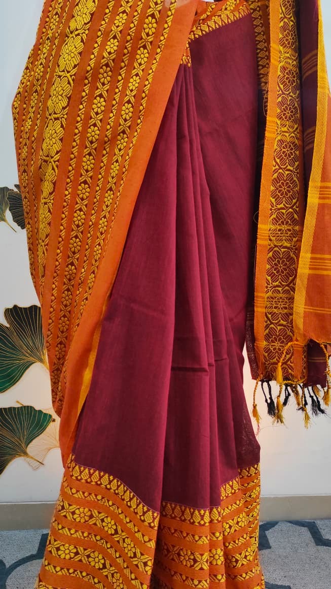 Begampuri Cotton handloom saree: Maroon and yellow