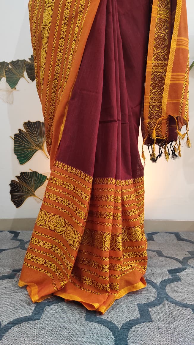 Begampuri Cotton handloom saree: Maroon and yellow