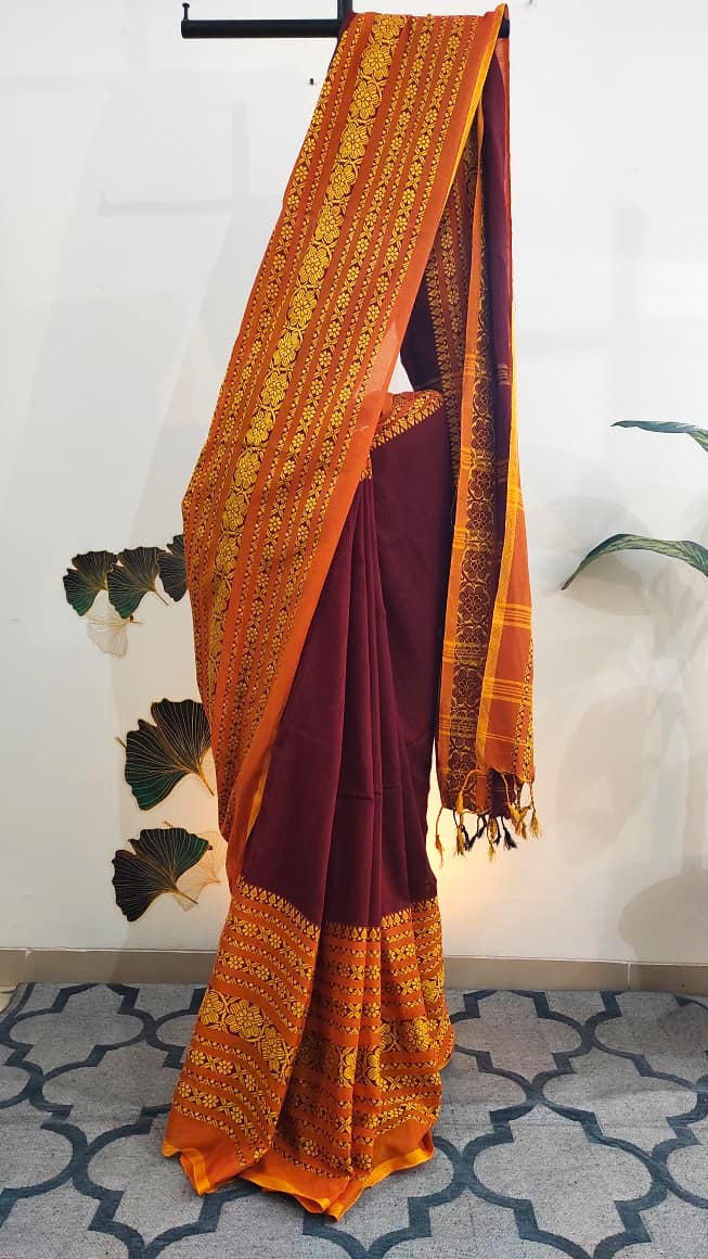 Begampuri Cotton handloom saree: Maroon and yellow